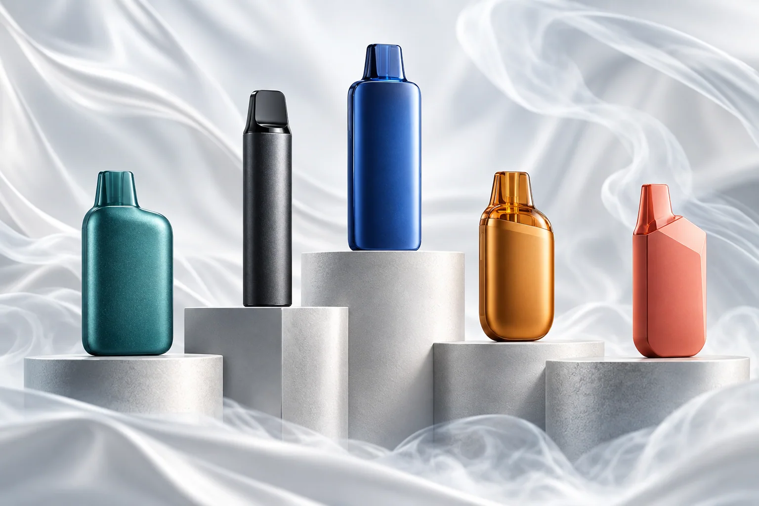Five unbranded disposable vape devices arranged on comparison podiums