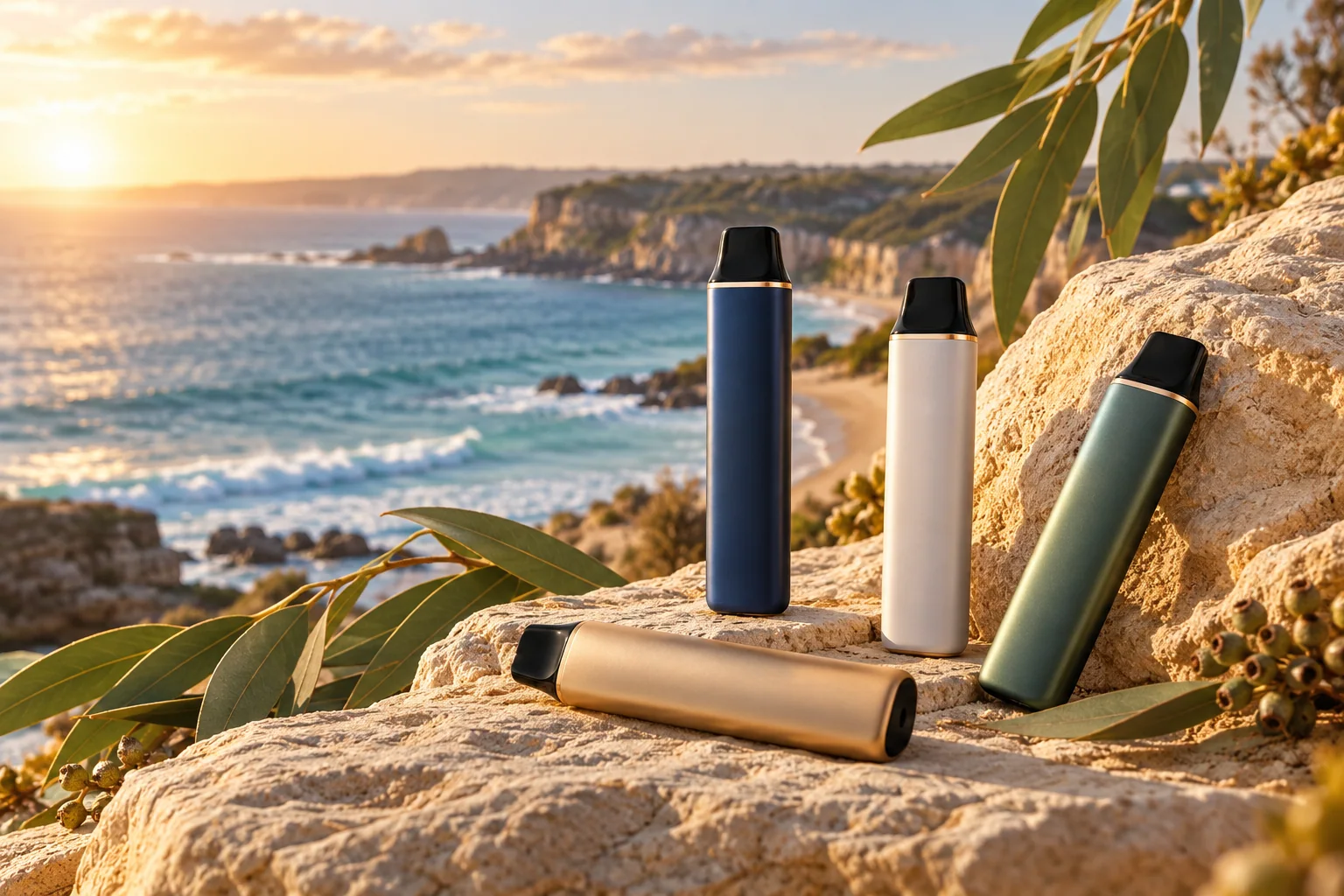 Disposable vape devices in a bright Australian coastal setting