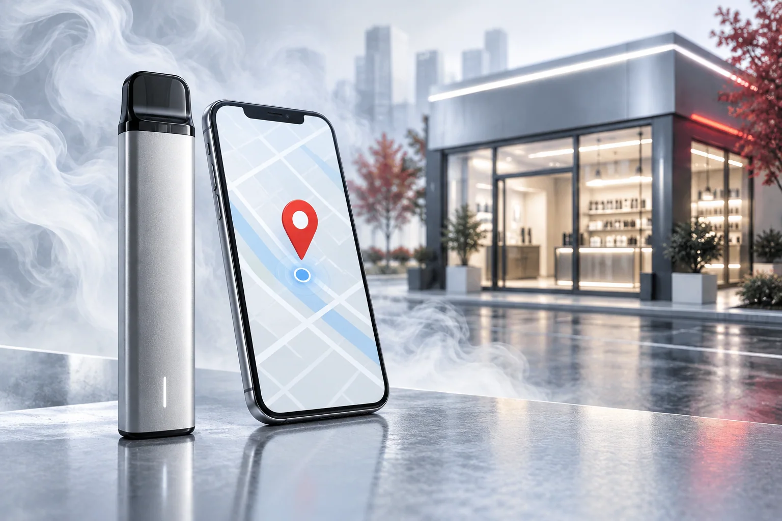 Disposable vape beside a phone map and nearby storefront